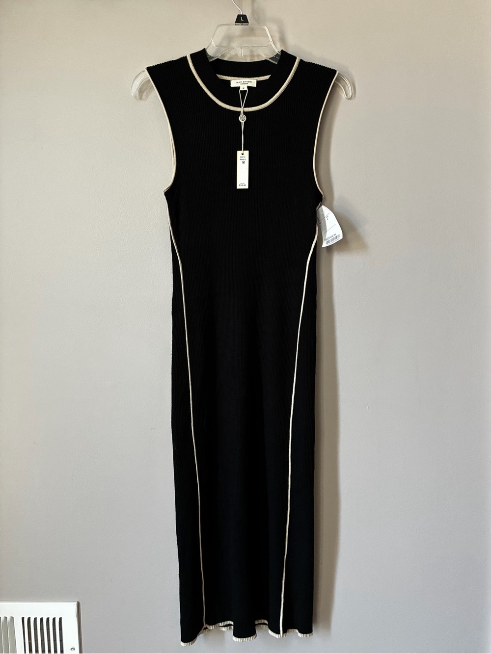 Max Studio London Black Ribbed Midi Dress Contrast Piping Size M NWT